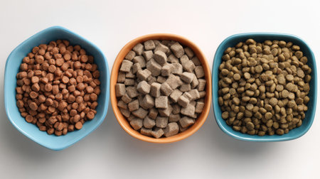 Three distinct types of pet kibbles in bowls of various shapes sit on a clean surface, showing the pet food selection against a minimalist background.の素材