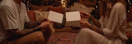 In a cozy boho setting, two individuals share drawings, creating a warm atmosphere filled with creativity and connection amidst soft lighting.の素材