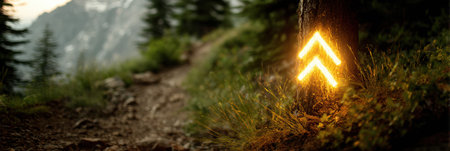 A glowing trail marker stands on a tree trunk, illuminating the winding path through the mountains as dusk settles around the landscape.の素材