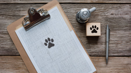 Clipboard holds a clean vet chart with a paw print beside a silver ink pad and pen on a rustic wooden desk ideal for pet care.の素材