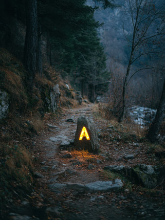 A glowing trail marker illuminates a mountain path at dusk, guiding hikers through the serene landscape surrounded by trees and rocky terrain.の素材
