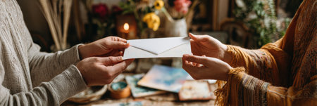 In a warm boho space, two individuals exchange drawings that capture their creative thoughts while surrounded by vibrant decor and flowers.の素材