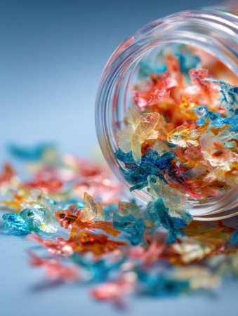 A transparent container overflows with colorful fish flakes, highlighting the assorted vibrant hues against a smooth blue surface, creating an engaging visual.の素材