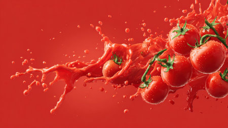 Fresh raw tomatoes burst into a dynamic splash of tomato ketchup, showcasing vibrant red colors and droplets in an artistic display.の素材
