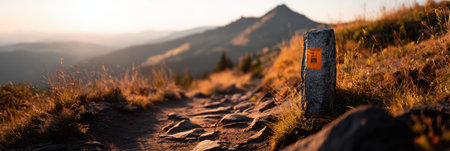 Glowing trail marker illuminates a mountain path at sunset, providing direction for hikers exploring scenic wilderness and enjoying peaceful outdoor moments.の素材