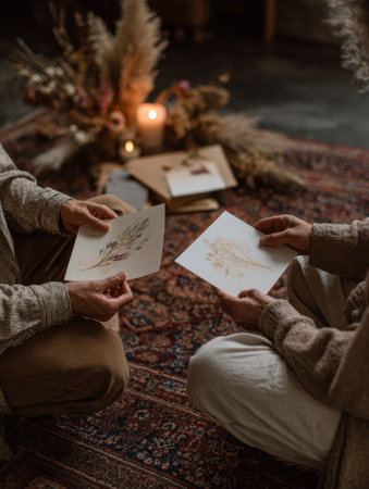 In a warm boho environment, two individuals exchange beautifully crafted drawings seated on a cozy rug surrounded by candles and floral decorの素材
