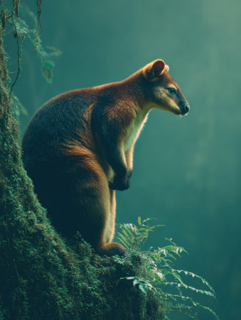 A tree kangaroo rests on a moss-covered trunk in a dense forest, surrounded by cool tones and soft light, embodying the peace of its natural habitat.の素材