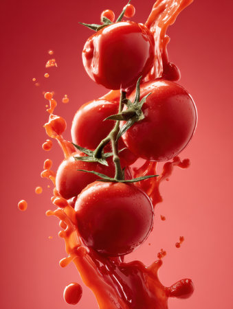 A vibrant splash of tomato ketchup bursts around fresh raw tomatoes, creating an eye-catching top layout with a rich red backdrop.の素材