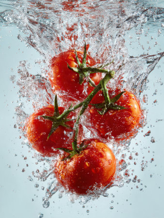 Fresh tomatoes collide with water, creating a stunning splash effect with clear droplets in a minimalistic setting, showing vibrant colors and motion.の素材