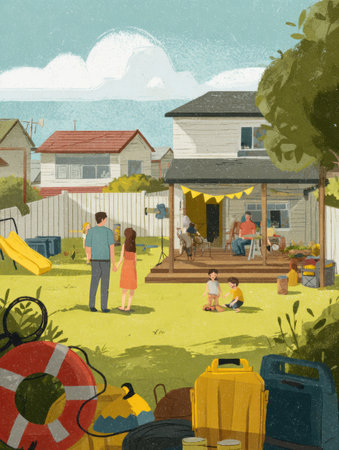 Bright sunny day in a backyard where a family interacts while children play, surrounded by safety gear and a cheerful atmosphere.の素材