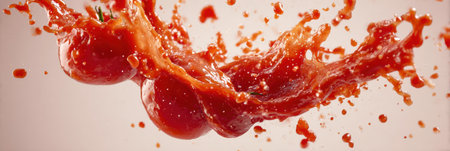 Bright red tomato sauce erupts in a dynamic splash, showing the energy of food preparation against a clear backdrop that emphasizes the lively colors.の素材
