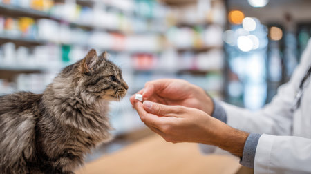 Vet provides medication for a cat to its owner in a pharmacy environment designed for pet health, ensuring proper treatment during the visit.の素材