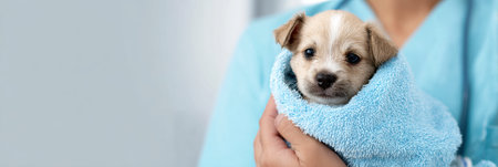 A vet nurse holds a small puppy gently wrapped in a soft blanket in a veterinary clinic, with the background softly blurred to emphasize their bond.の素材