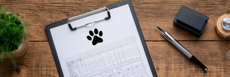Desk set up for veterinary care features a clipboard with vet chart and paw print stamp, alongside a pen and plant, inviting a professional atmosphere.の素材