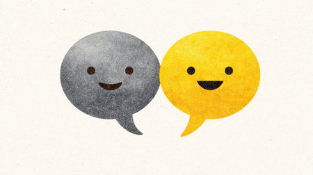 Two colorful speech bubbles featuring smiling emoji faces suggest a lively conversation taking place in a vibrant and artistic manner.の素材