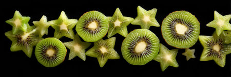 Stylized kiwi fruit pieces are arranged in star shapes on a black plate, with the upper third of the plate left empty for visual balance and contrast.の素材