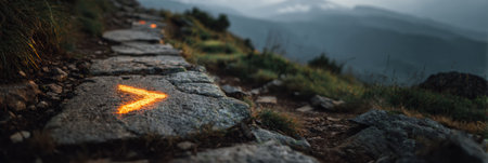 Pathway illuminated by glowing markers leads adventurers through rugged mountains during twilight, showcasing natures beauty and adventure spirit.の素材
