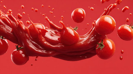 Dynamic splash of tomato ketchup accompanied by vibrant raw tomatoes, all set against a bold red backdrop, creating a visually striking composition.の素材