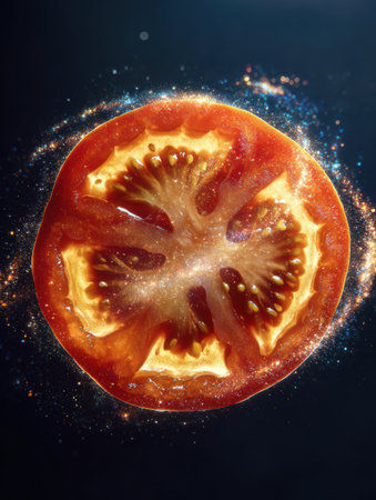 A close-up shows a galaxy-like tomato slice with vibrant colors and textures, sparkling wonder and imagination.の素材