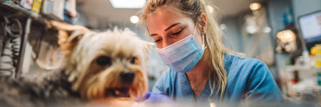 Vet carefully adjusts light before dental surgery for a small dog in a veterinary clinic, focusing on details in a busy environment during morning hours.の素材