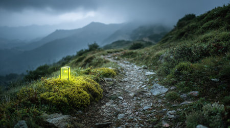 A glowing trail marker stands watch over a rocky path meandering through misty mountains as dusk settles, guiding explorers in natures serene setting.の素材