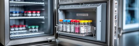 Fridge in a veterinary clinic shows pet vaccines in vials, with door slightly open for quick access during treatment and care for animals.の素材