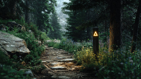 A trail marker shines brightly along a winding path in the mountains, guiding hikers through a lush forest filled with wildflowers at dawn.の素材