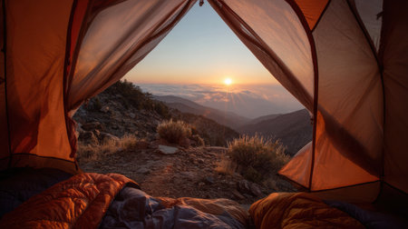 Bright early morning sunlight breaks over a breathtaking mountain valley, seen from a comfortable tent nestled in the outdoors.の素材