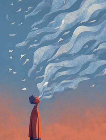 A person sneezes, sending tissues flying around in the wind. The artwork features vibrant colors and a modern illustration style, highlighting the moment.の素材