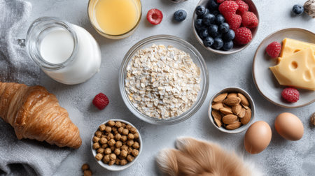 This breakfast setup features healthy and tasty options for pets, including oats, berries, eggs, and more, neatly arranged in a flat lay for easy access.の素材