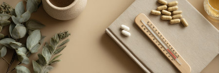 Items for health and wellness are displayed, featuring a thermometer, herbal pills, and a book on a softly colored surface in a serene setting.の素材