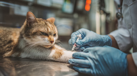 A technician carefully draws blood from a cats leg in a soothing veterinary clinic, ensuring the process is gentle and stress-free for the animal.の素材