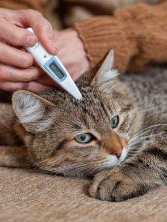 A veterinarian takes the temperature of a calm cat using a digital thermometer in a comfortable indoor environment, ensuring the pets health.の素材