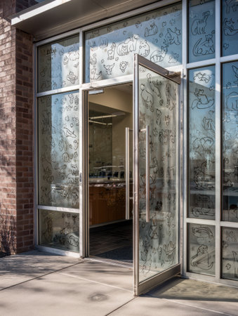 Pet owners can see the entrance of a vet office adorned with playful pet icons on glass, creating an inviting atmosphere for visitors.の素材