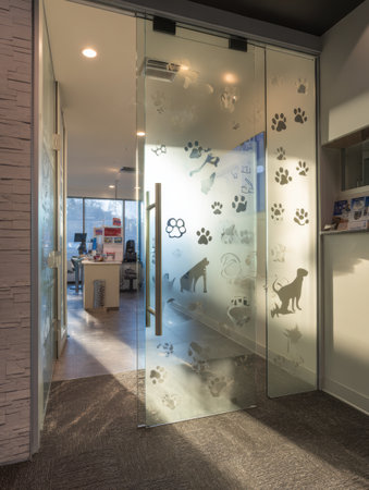 Bright and welcoming vet office entrance features pet icons etched on glass. Door is open to greet pet owners and their animals.の素材