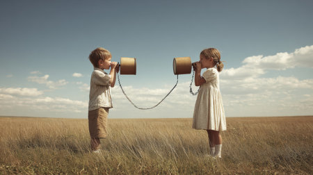 Two children engage in a playful conversation using tin can telephones while standing in a sunny field under a bright sky, creating joyful memories togetherの素材