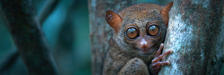 A tarsier gazes wide-eyed from the trunk of a tree in twilight, surrounded by soft forest hues, showing its unique features and tranquil environment.の素材
