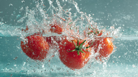 Ripe tomatoes dive into water, creating a stunning splash and a beautiful display of droplets in a clean environment captured in high speed.の素材