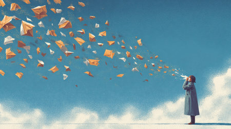 A person stands in the open air, sneezing as tissues are swept up into the wind, creating a dynamic display against the bright blue sky.の素材