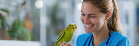 A vet assistant interacts happily with a vibrant parrot in a well-lit clinic area, showing their bond and love for animals during working hours.の素材