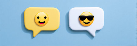 Bright yellow and white speech bubbles overlap, showcasing happy and cool emoji faces, creating a playful and friendly visual on a light blue backdrop.の素材