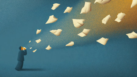 Tissues are blown away by the wind as a person sneezes, illustrating a moment of allergy discomfort on a breezy day in a stylized, modern settingの素材