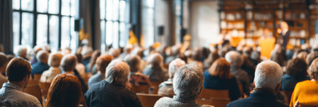 Crowd attends a townhall meeting with a speaker on stage discussing important community topics while the audience focuses and listens attentively.の素材