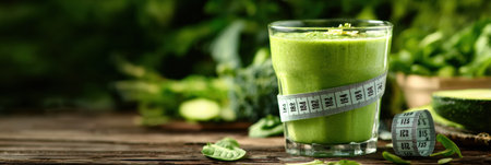A refreshing veggie smoothie is served in a clear glass adorned with a measuring scale design, ideal for those tracking nutrition and wellness goals.の素材