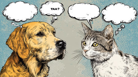 Two pets engage in a witty dialogue with thought bubbles, showing their unique personalities and humor against a clear background.の素材