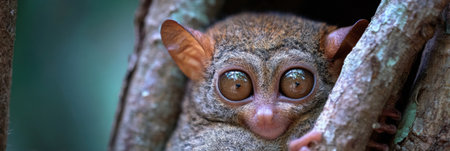 A tarsier gazes curiously with wide eyes during twilight in a forest, surrounded by soft hues of green and brown, blending seamlessly into the environment.の素材