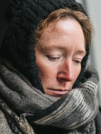 Person wrapped in a scarf with a hot pack shows signs of fatigue while resting indoors during a chilly winter day, seeking warmth and comfort.の素材