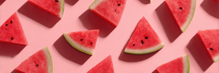 Colorful watermelon slices arranged in a geometric pattern on a pink surface, with an empty space on the right for creative use or design.の素材