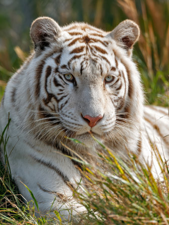 A white tiger lies gracefully in tall grass, showing its stunning fur and intense gaze, surrounded by a serene and minimal landscape.の素材