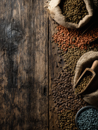 Organic dog food displayed against a rustic wooden texture, featuring various kibble types in burlap sacks and a scoop at the upper right corner.の素材